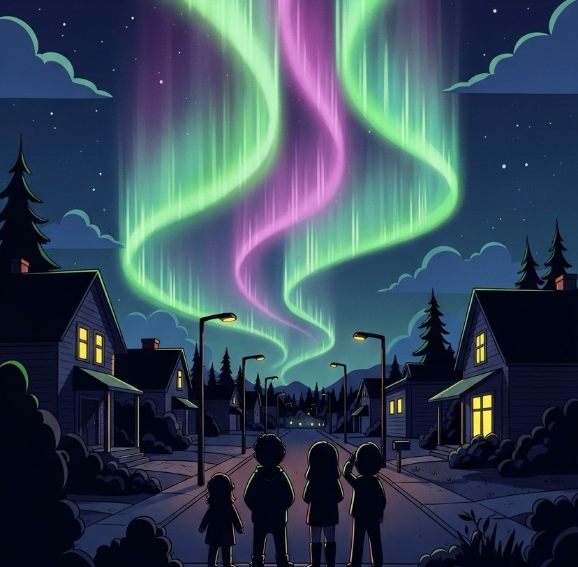 People watching the beautiful green and purple lights of the Aurora Borealis.