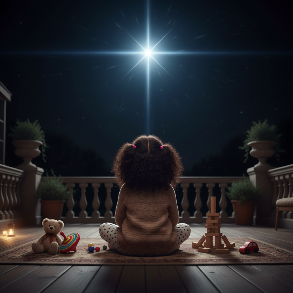 A little girl, Maya, on her terrace at night, looking up at a bright light in the sky.