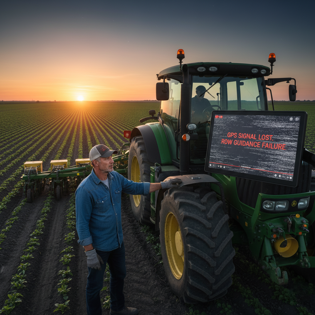 An advanced tractor in a field with a GPS error on its screen.