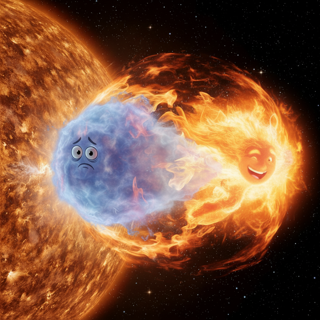 A solar flare (Sunny) erupts from the sun, followed by a slower cloud (Gus the CME).