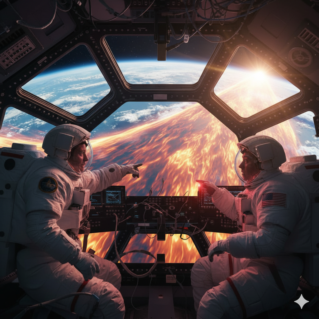 Astronauts are safe in a shielded area of the ISS as a cloud of particles passes by.