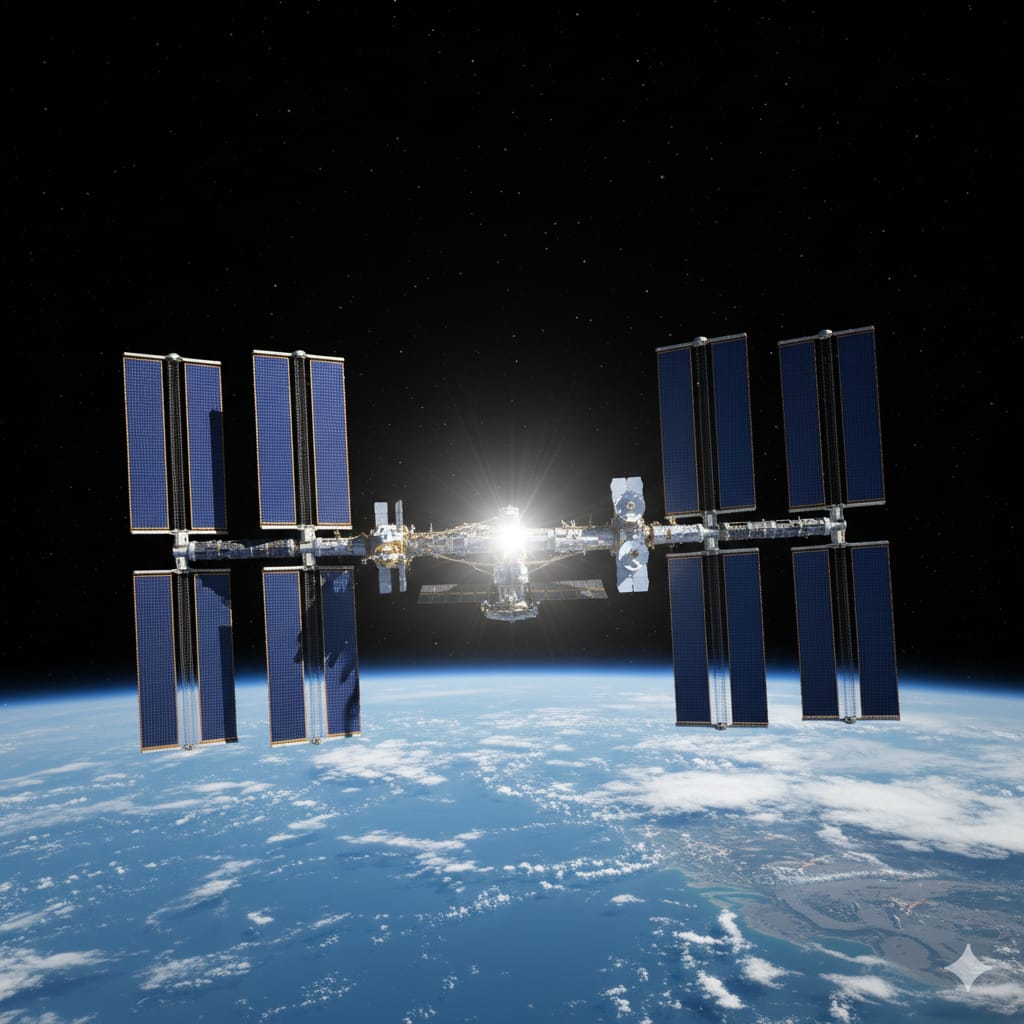 Inside the ISS, astronauts working.