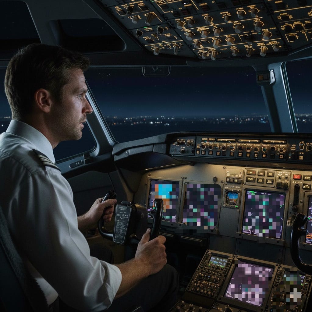 Inside a plane cockpit, a pilot looks at a flickering GPS screen.