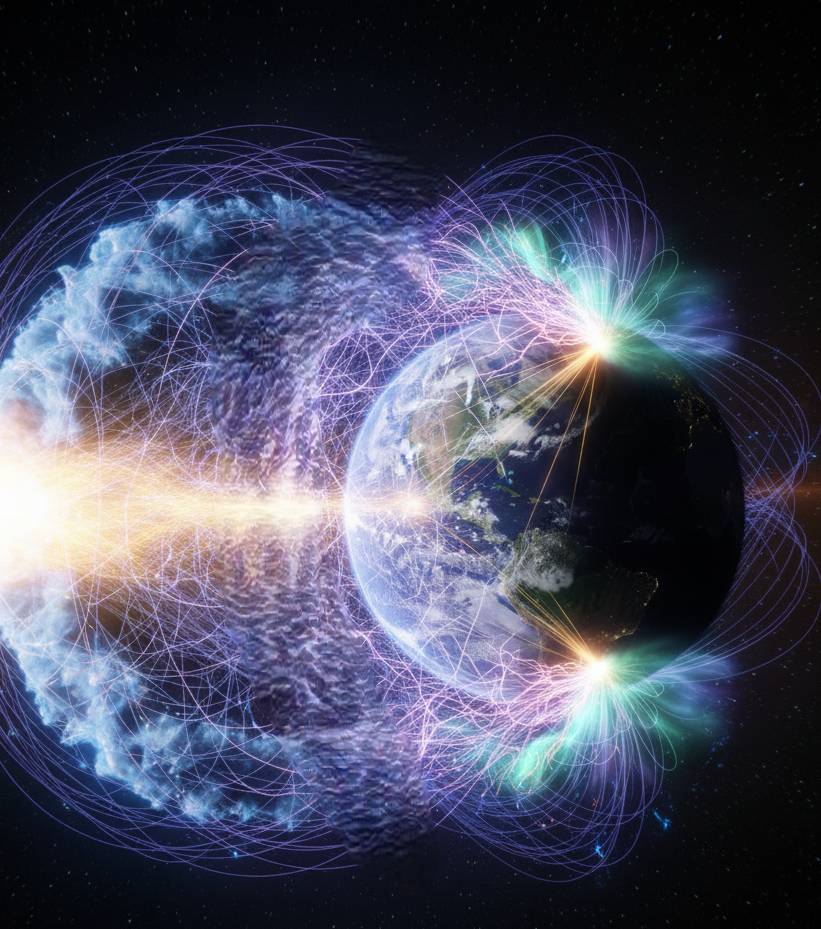Earth's magnetic field funneling energy towards the North and South Poles.